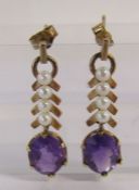 A pair of 9ct gold amethyst and pearl earrings approx. 2.8cm drop total weight 4.2g