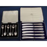 Cased set of 6 Mappin & Webb silver handled butter knives Sheffield 1904 & cased set of 6 silver rat