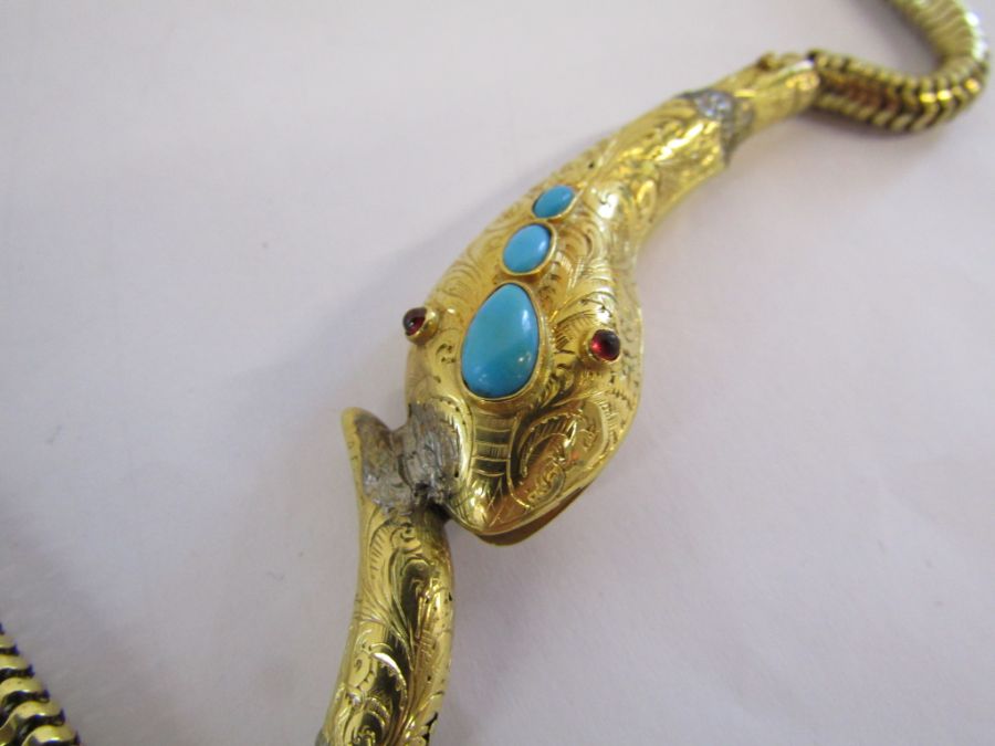 Tested as 15ct gold 20" snake necklace - head set with turquoise and garnet - may need some new - Image 4 of 4