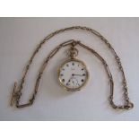 Limit swiss made 10k gold plated pocket watch circa 1920's in a Dennison case with 24" tested 9ct