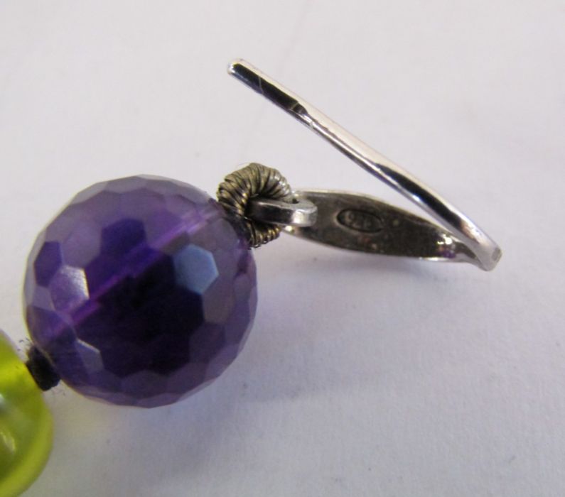 A pair of silver earrings with amethyst (tested as) beads and possibly onyx, drop total length - Image 2 of 3