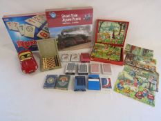 Collection of toys to include vintage blocks, Burago Jaguar E car, travel chess set and selection of