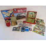 Collection of toys to include vintage blocks, Burago Jaguar E car, travel chess set and selection of