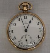 9ct gold Omega open face bezel wind pocket watch with subsidiary seconds dial - appears to be in