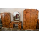 Art Deco bedroom suite in burr walnut veneer comprising dressing table, his & hers wardrobes , depth