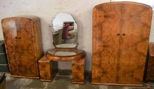 Art Deco bedroom suite in burr walnut veneer comprising dressing table, his & hers wardrobes , depth