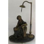 Late 19th century / early 20th century French classical spelter lady with harp adjustable lamp, 35cm