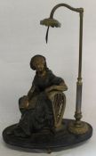 Late 19th century / early 20th century French classical spelter lady with harp adjustable lamp, 35cm