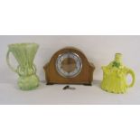 Chiming mantel clock, made in England with key, 'Little old lady' teapot H.J Wood and a Beswick vase