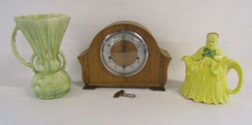 Chiming mantel clock, made in England with key, 'Little old lady' teapot H.J Wood and a Beswick vase