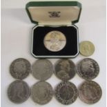 Silver National Trust Elizabeth the Queen's mother coin, 8 collectors £5 royal coins and a £2 coin