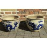 pair of garden planters with blue Chinese dragon design approx. 33.5cm across and 32cm high