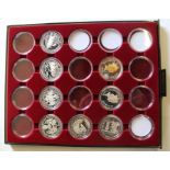 8 Queen Elizabeth II Alderney proof crowns in collectors tray with additional coin cases