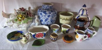 A selection of items to include a large vase, Capodimonte doves and small jug, some plant pots etc