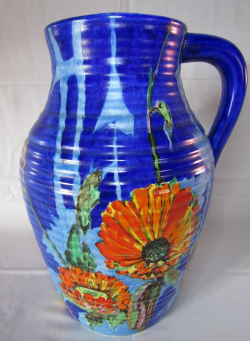 Clarice Cliff Bizarre single handled lotus jug in Marigold pattern approx. Ht. 30.5cm