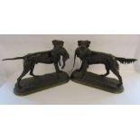 A pair of large J Moigniez bronze gun dogs with game - short haired retriever with hare showing