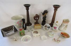 Collection of ornamental items to include wooden candle holders, Chinese style inlaid vase, Sevres