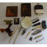 Selection of pen / pocket knives, folding fan, hip flask, papier mache snuff box etc.