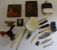 Selection of pen / pocket knives, folding fan, hip flask, papier mache snuff box etc.