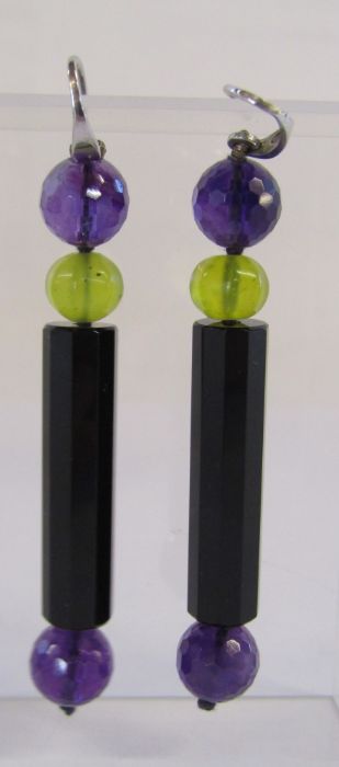 A pair of silver earrings with amethyst (tested as) beads and possibly onyx, drop total length