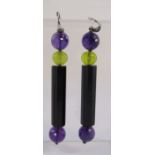 A pair of silver earrings with amethyst (tested as) beads and possibly onyx, drop total length