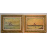 Pair of late 19th/early 20th century oil on canvas paintings of ships at sea, both with a tear