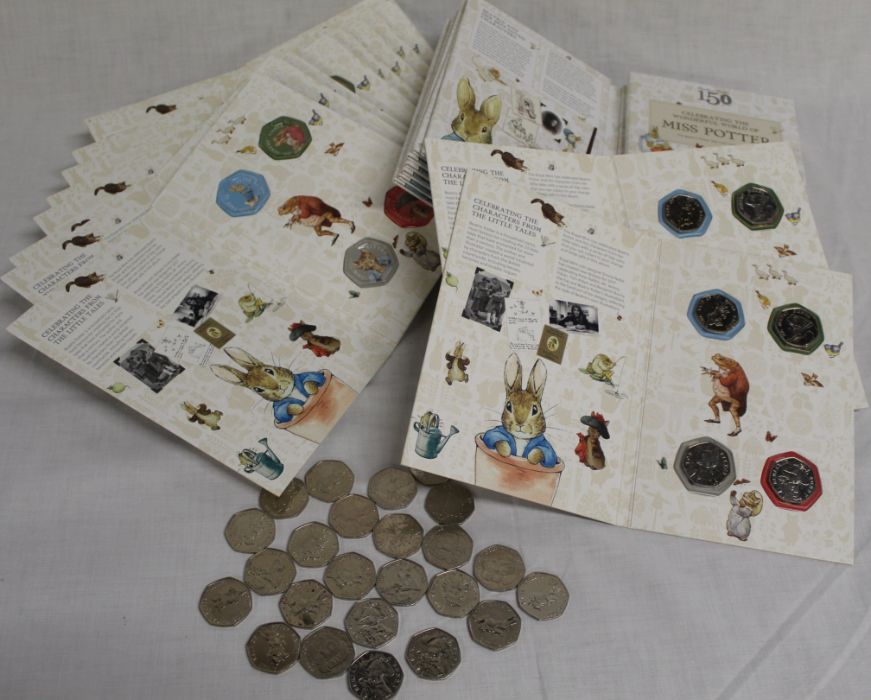Quantity of Beatrix Potter 50 pence coins including 5 full "Celebrating Beatrix Potter & Her