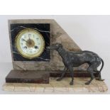 Art Deco clock on marble stand with spelter greyhound (no pendulum) 37.5cm w, 11.5cm d 24cm h