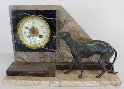 Art Deco clock on marble stand with spelter greyhound (no pendulum) 37.5cm w, 11.5cm d 24cm h