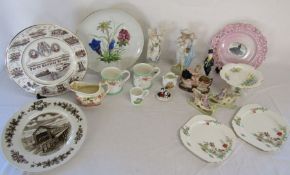 Selection of china figures, two railway commemorative plates, ribbon plate and other items