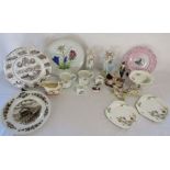 Selection of china figures, two railway commemorative plates, ribbon plate and other items