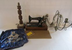 5 arm ornate metal electric hanging chandelier, manual Singer sewing machine and a wooden Oriental