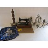 5 arm ornate metal electric hanging chandelier, manual Singer sewing machine and a wooden Oriental