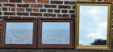 Gilt frame wall mirror & 2 framed prints of Brown's panorama of Louth and an oval mirror