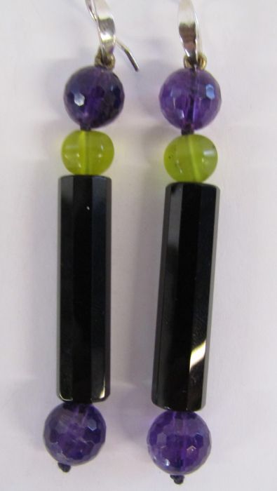 A pair of silver earrings with amethyst (tested as) beads and possibly onyx, drop total length - Image 3 of 3