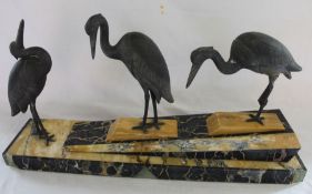 French Art Deco spelter storks on marble plinth, 65cm w, 15cm d, 33cm h