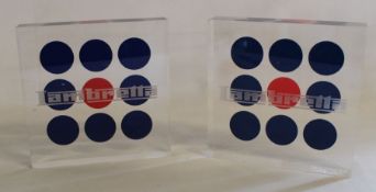 2 perspex Lambretta advertising blocks 18cm x 18cm x 3.5cm