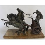 Large French spelter chariot, signed to the marble base L Carvin, 57.5w, 21.5cm d, 40cm h