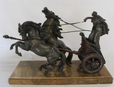 Large French spelter chariot, signed to the marble base L Carvin, 57.5w, 21.5cm d, 40cm h