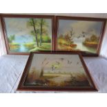 3 oil paintings depicting ducks - two unsigned one signed Lamb approx. 68.5cm x 53.5cm (includes