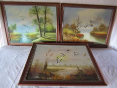 3 oil paintings depicting ducks - two unsigned one signed Lamb approx. 68.5cm x 53.5cm (includes