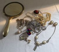 Box of costume jewellery & hand mirror