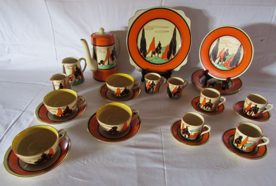 Clarice Cliff Fantasque - orange trees and house pattern - part coffee and tea set, to include a