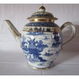 Chinese hard paste 19th century blue and white teapot with gilding approx. Ht. 19.5cm