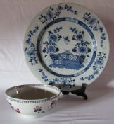 Large 18th century Delft plate with fence & flowers pattern dia. 35cm & porcelain slop bowl