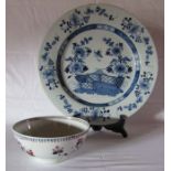 Large 18th century Delft plate with fence & flowers pattern dia. 35cm & porcelain slop bowl