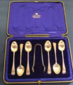 Cased set of 6 silver teaspoons & pair of sugar nips with bright cut engraving Sheffield 1904 3.