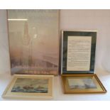 2 framed seascape prints, framed poster of the Empire State Building & a Douglas MacArthur quote