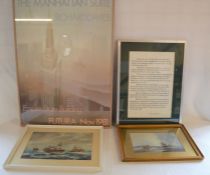 2 framed seascape prints, framed poster of the Empire State Building & a Douglas MacArthur quote