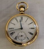 18k Waltham Crescent Street open face bezel wind 21 jewels pocket watch with subsidiary seconds